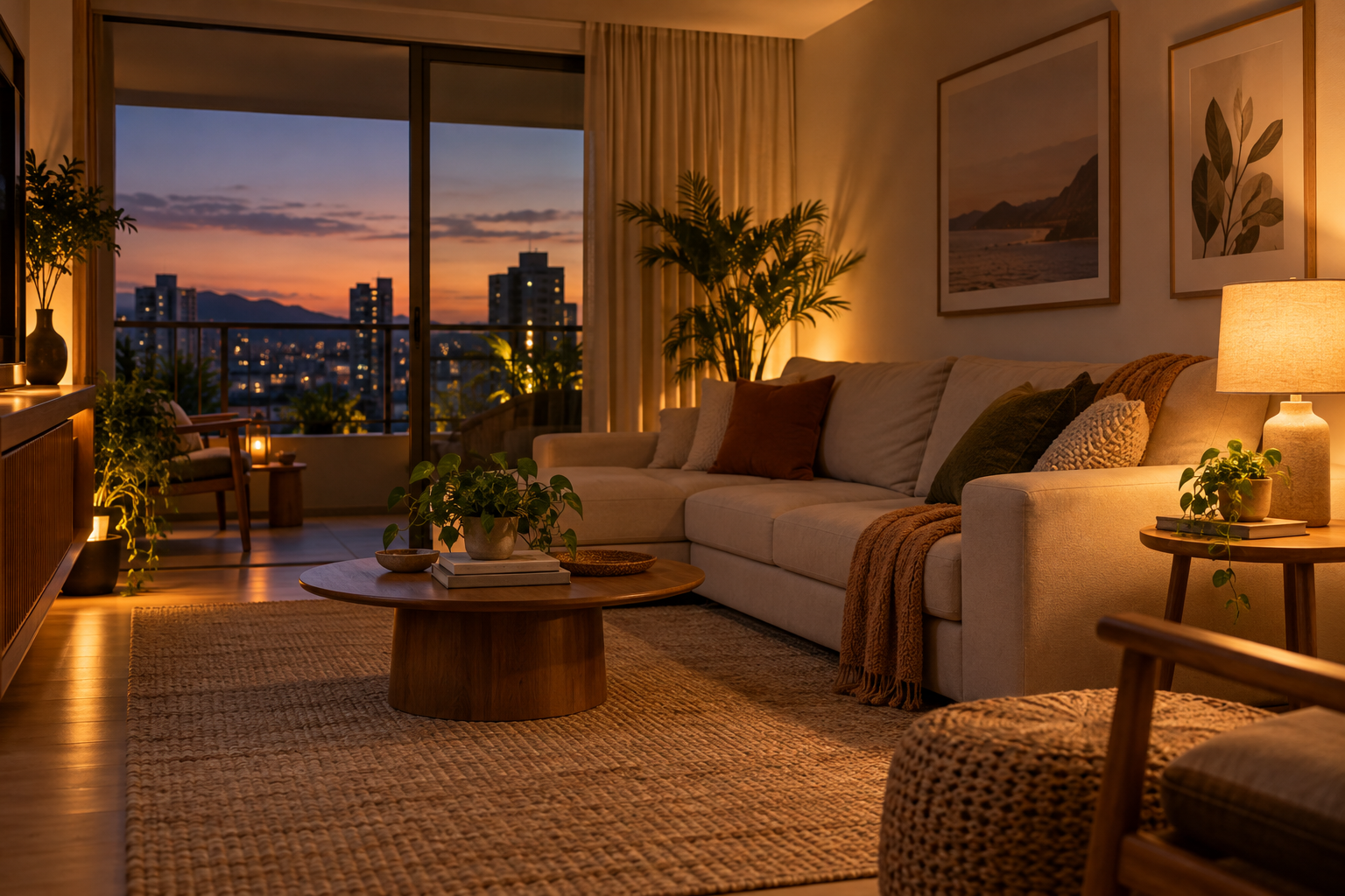 Sala de estar ao entardecer com abajur e iluminação indireta suave